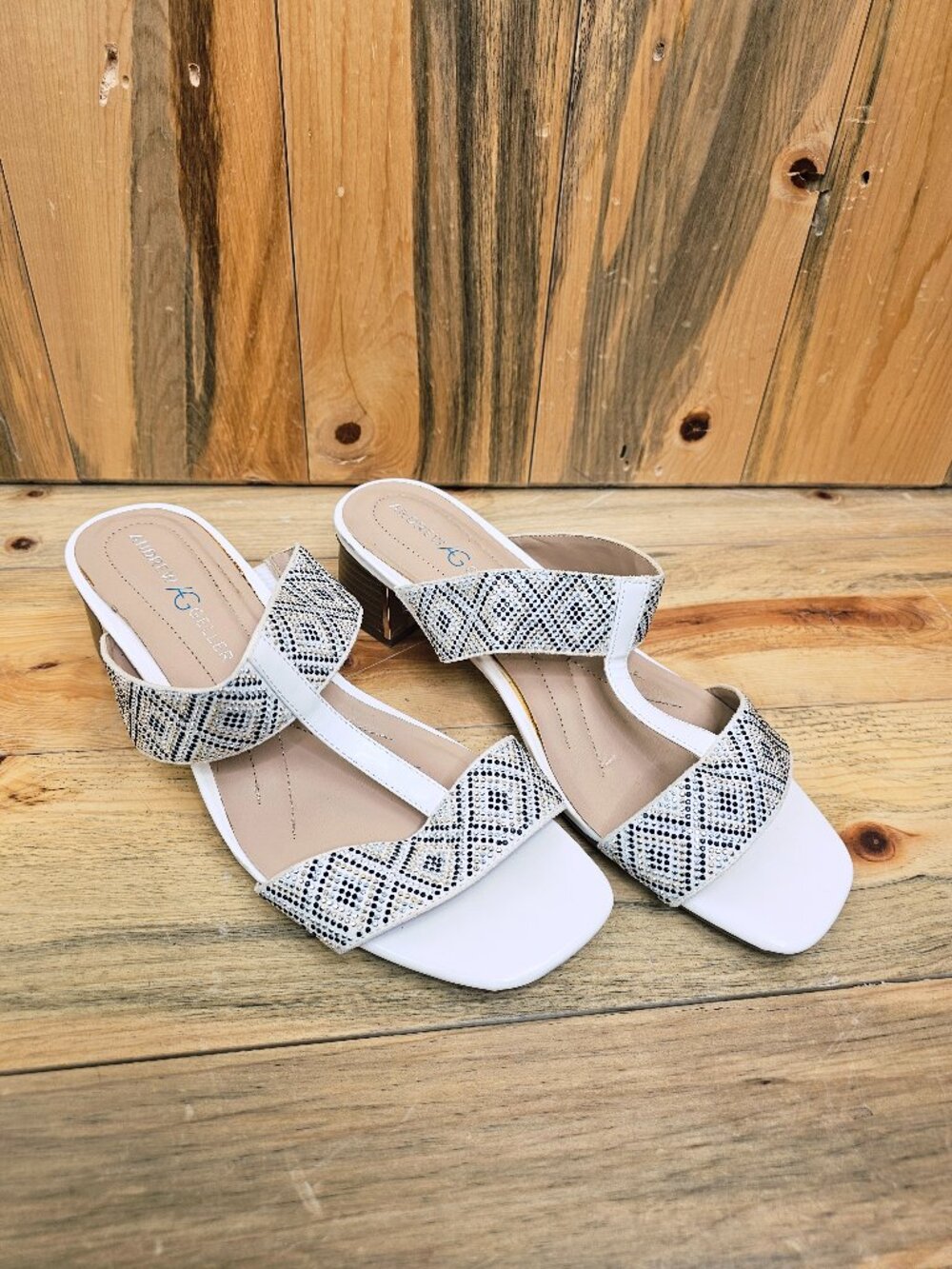Andrew Geller Henle Block Heel White Bejeweled Sandals